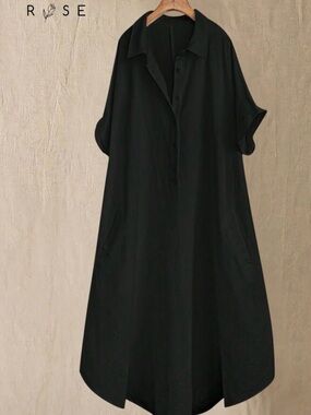 ROSE Black Collared Midi Shirt Dress